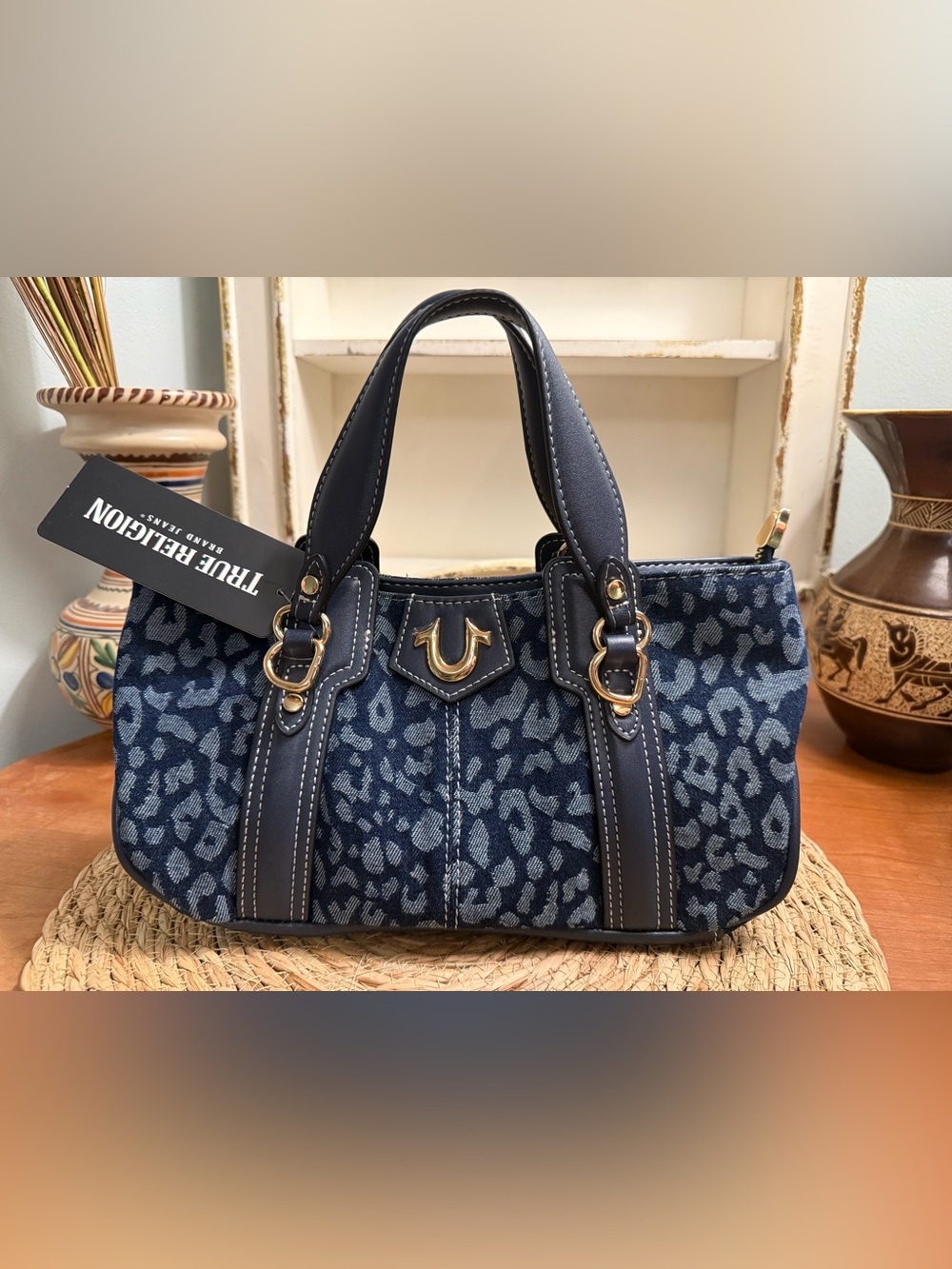 True Religion Dark Denim Leopard Small Tote with Gold Hardware